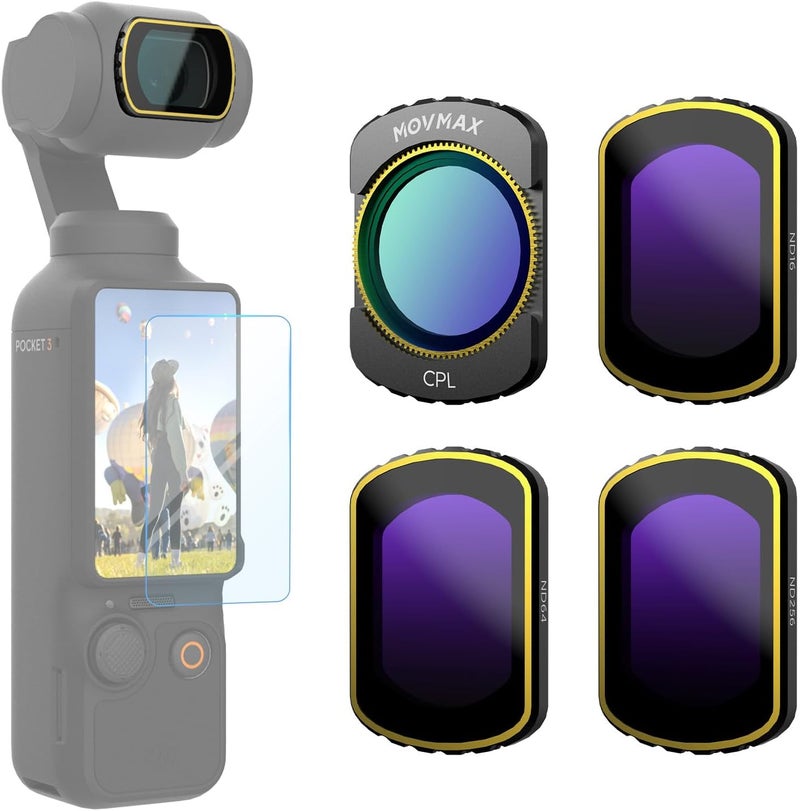 Vaxis Global MOVMAX CPL & ND16 & ND64 & ND256 Filter Kit (4-Pack) for DJI Osmo Pocket 3 Accessories, Magnetic Neutral Density Polarising Filter, Multi Coated/Optical Glass/Aluminum Frame, Includes 1 LCD Protector - Image 1